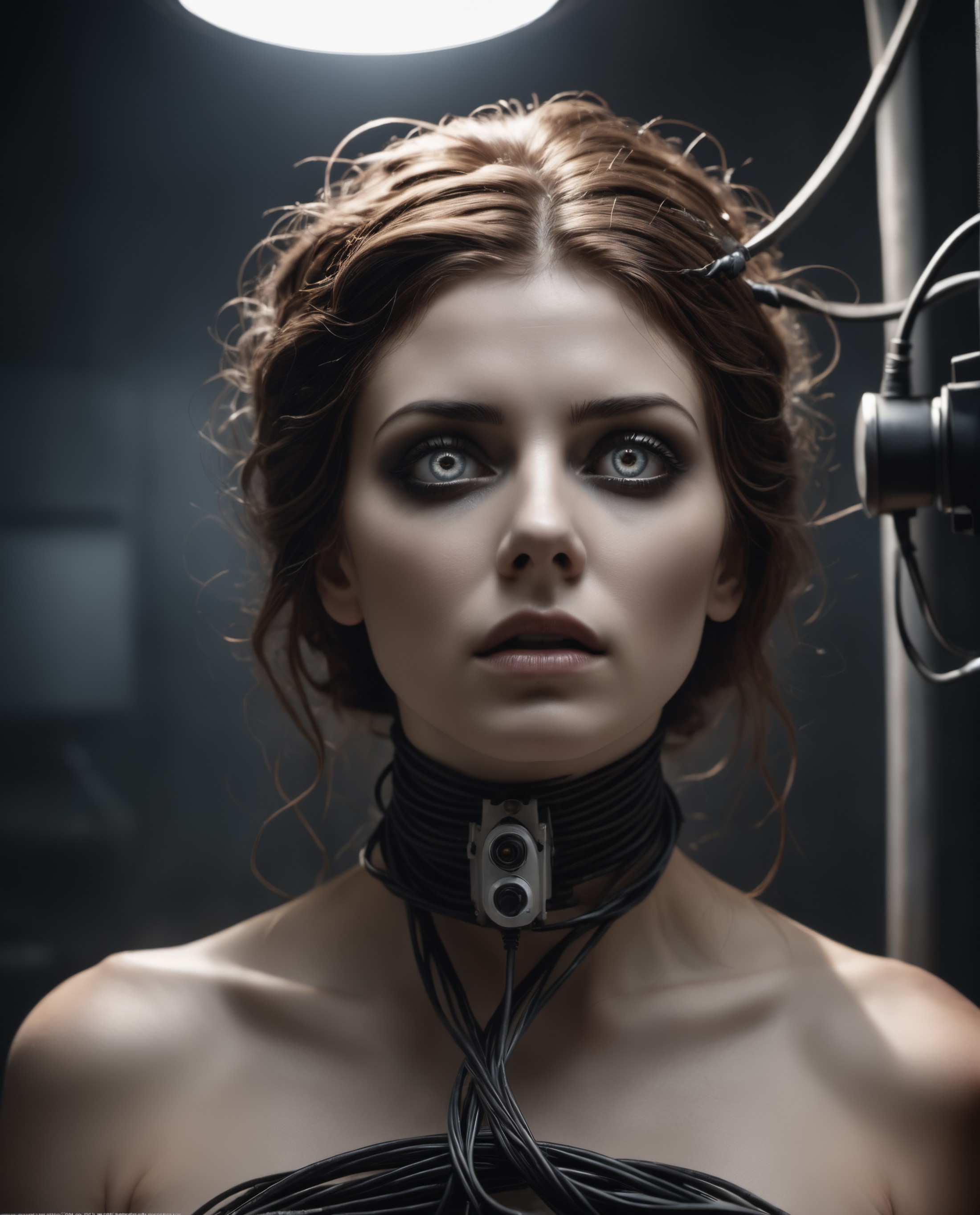 Dystopian style cinematic film still of  a(( severed woman head , clowing eyes))is displayed in a distopian maschine cabel...